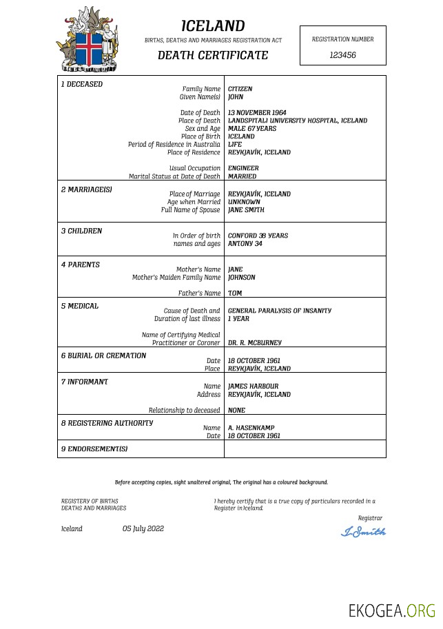 Modèle Word et PDF de certificat de décès de l'état civil d'Islande